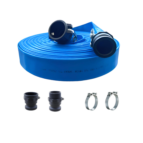 Manguera plana de PVC con acoples Camlock de PP Tipo A,C,E,F + 2 Abrazaderas de Acero Inoxidable.