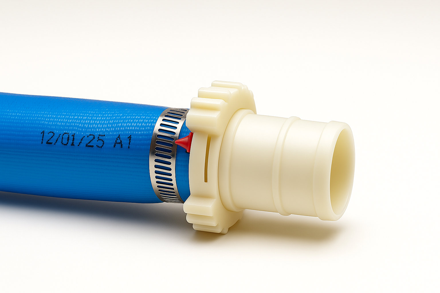 Manguera plana con accesorios de PVC y abrazaderas.