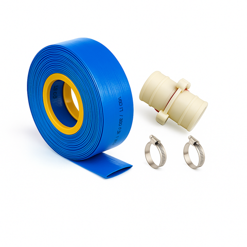 Manguera plana para descarga de agua, riego, piscina y bombas de achique con accesorios de PVC y abrazaderas.